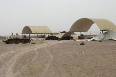 Damage at Al-Anad air base in southern Yemen's Lahj governorate in August 2015 after the key military base was retaken from Shiite Huthi fighters by pro-government forces