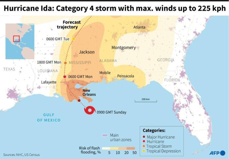 Map of the southern United States with the forecast trajectory of Hurricane Ida, on course to hit New Orleans.