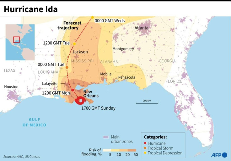 Map of the southern United States with the forecast trajectory of Hurricane Ida, which made landfall in Louisiana Sunday.