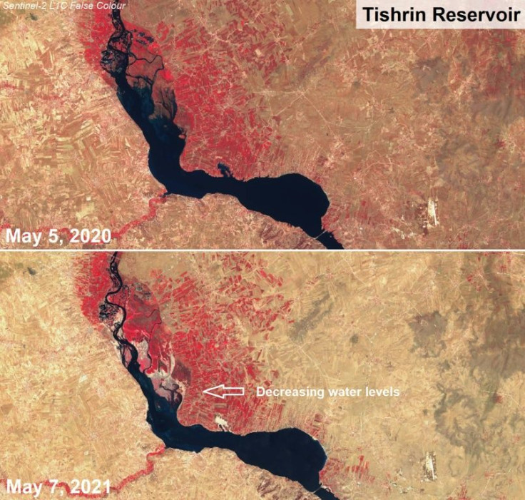 This combination of handout images made available by the European Space Agency shows two satellite false colour images captured on May 5, 2020 (top) and May 7, 2021 of decreasing water levels in Syria's Tishrin reservoir