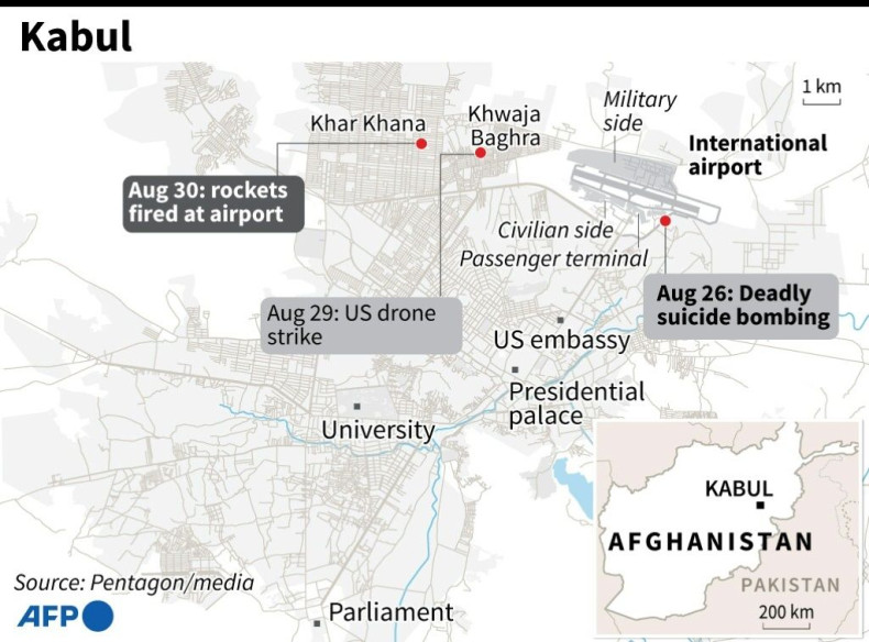 Map of Kabul, Afghanistan locating the deadly suicide bombing on August 26, 2021; a targeted US drone strike and rockets fired at Kabul airport on August 30