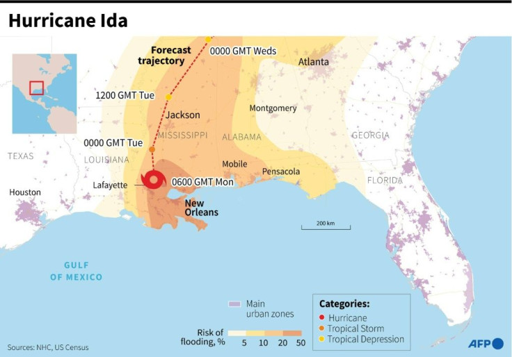 Map of the southern United States with the forecast trajectory of Hurricane Ida, which made landfall in Louisiana Sunday.