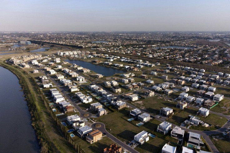 Aerial view of luxury gated communities built on wetlands from the Parana river in Argentina