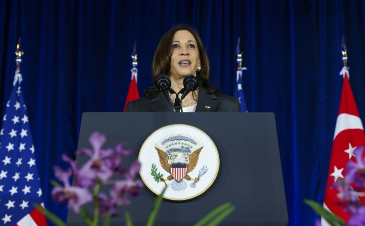 US Vice President Kamala Harris delivers a speech in Singapore during a visit to promote US relations in the region against China's alleged threat