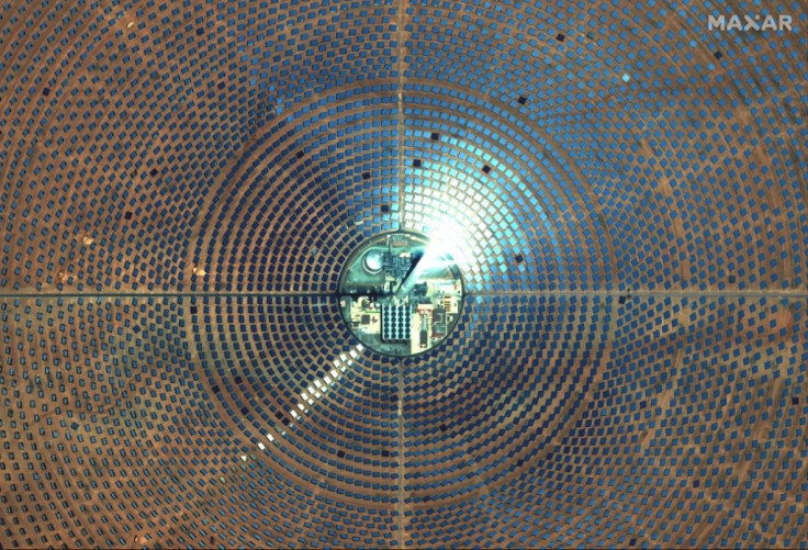 This handout satellite imagery released by Maxar Technologies on May 20, 2021 shows a view of the Noor Ouarzazate solar complex in Morocco