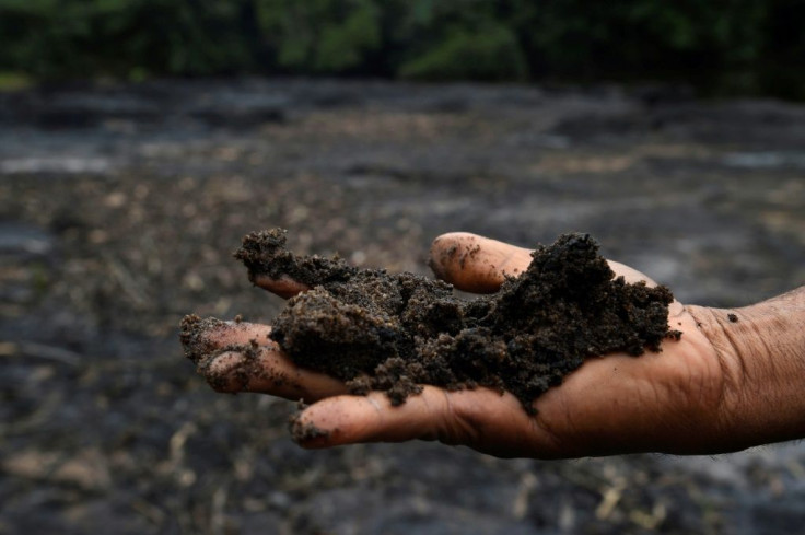 A farmer holds soil from the marshy shore of a polluted river in the B-Dere area of Ogoniland