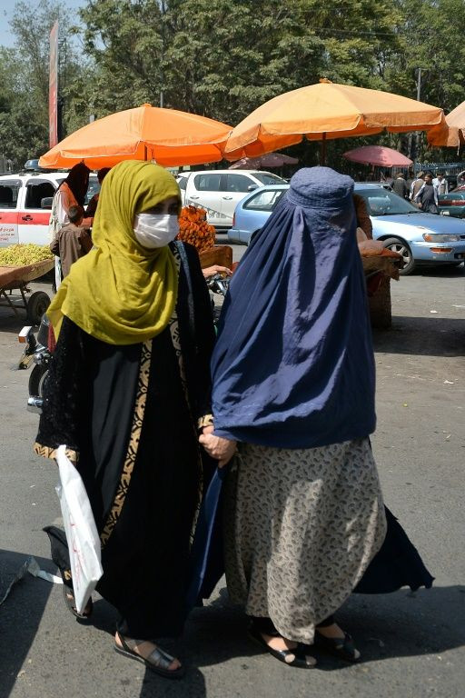 Women hold hands as they walk at a market area in Kabul on September 1, 2021