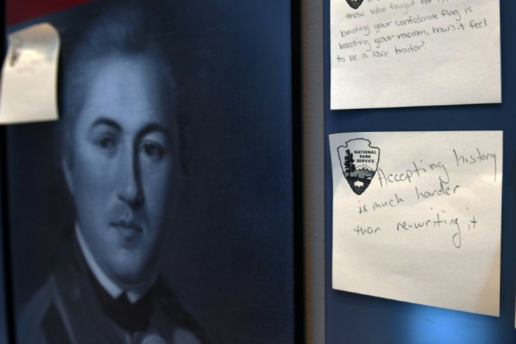 Visitors are asked to tussle with difficult questions about history at Arlington House and can write their response on sticky notes, such as this one that reads: 'Accepting history is much harder than re-writing it'