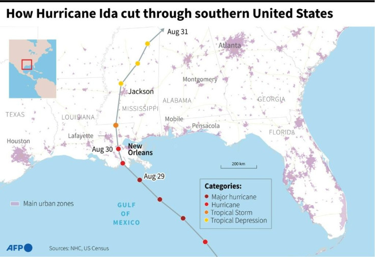 Map showing the path of Hurricane Ida that passed through the southern United States this week.