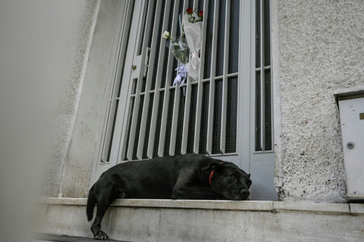 The Theodorakis' familly dog lies outside the legendary composer's home after his death