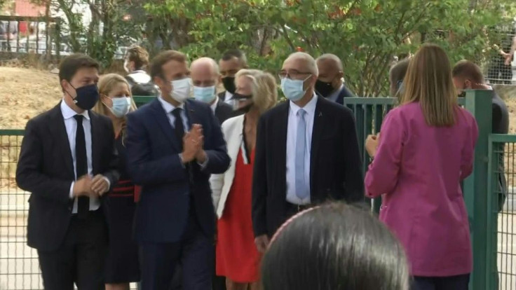 IMAGES French president Emmanuel Macron, on a visit to Marseille, arrives at a primary school on the first day of the new school year, with Education Minister Jean-Michel Blanquer and Socialist Mayor Benoît Payan. Macron is later expected to announce pla