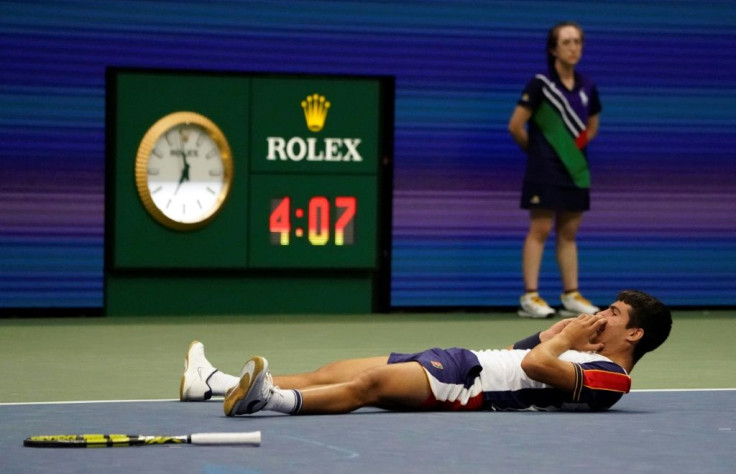 Spain's Carlos Alcaraz celebrates his third-round victory over third-seeded Stefanos Tsitsipas at the US Open