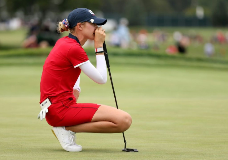 World number one Nelly Korda lines up a putt for the United States on the opening day of the Solheim Cup competition against Europe