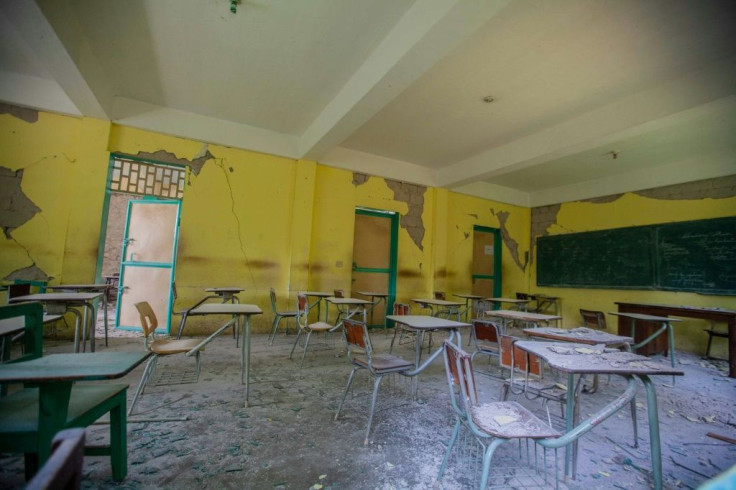 Desks at a school in the town of Camp-Perrin that was damaged in the quake, as seen on August 24, 2021