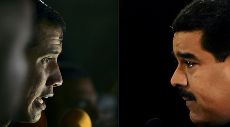 This combination of pictures shows Venezuelan opposition leader and self-proclaimed acting president Juan Guaido (L) speaking with the press in March 2019, and Venezuelan President Nicolas Maduro (R) speaking during a press conference in Caracas in August