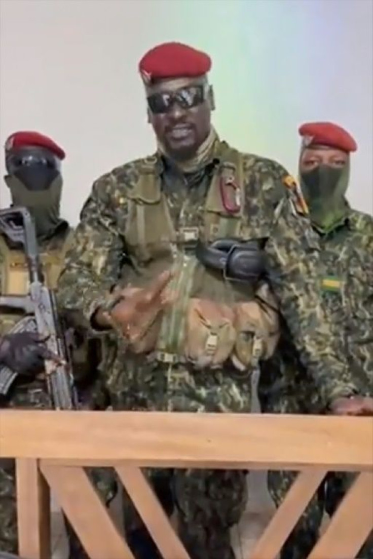 A screengrab taken from footage sent to AFP by a military source shows junta leader Mamady Doumbouya delivering a speech after President Alpha Conde had been seized