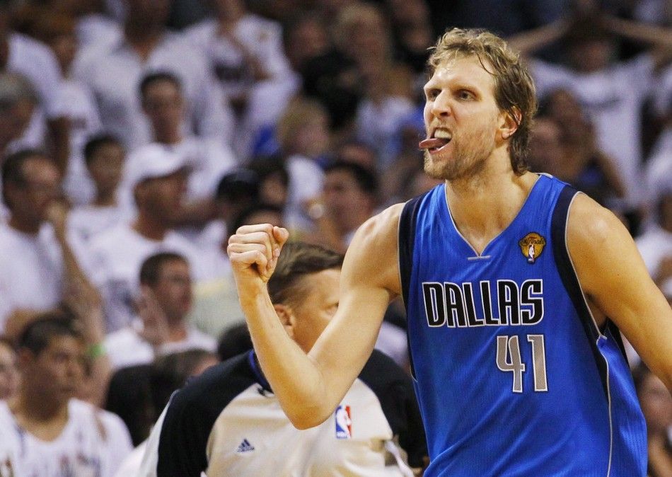 Mavericks039 Nowitzki celebrates against the Heat during Game 6 of the NBA Finals basketball series in Miami