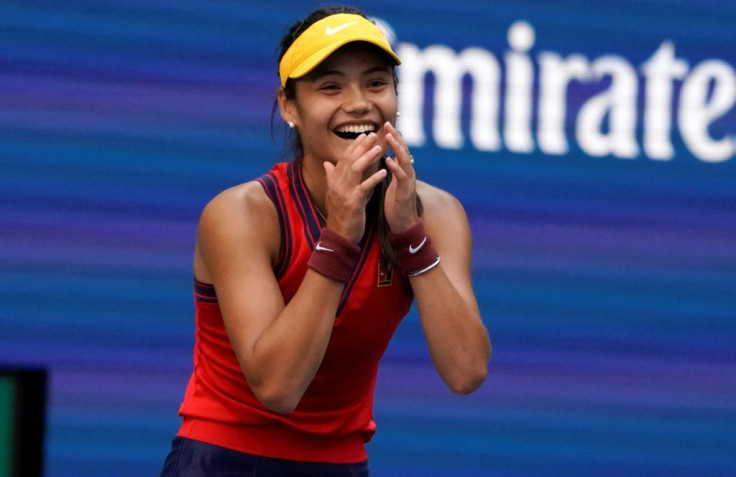 Britain's Emma Raducanu celebrates her victory Monday over American Shelby Rogers to reach the US Open quarter-finals