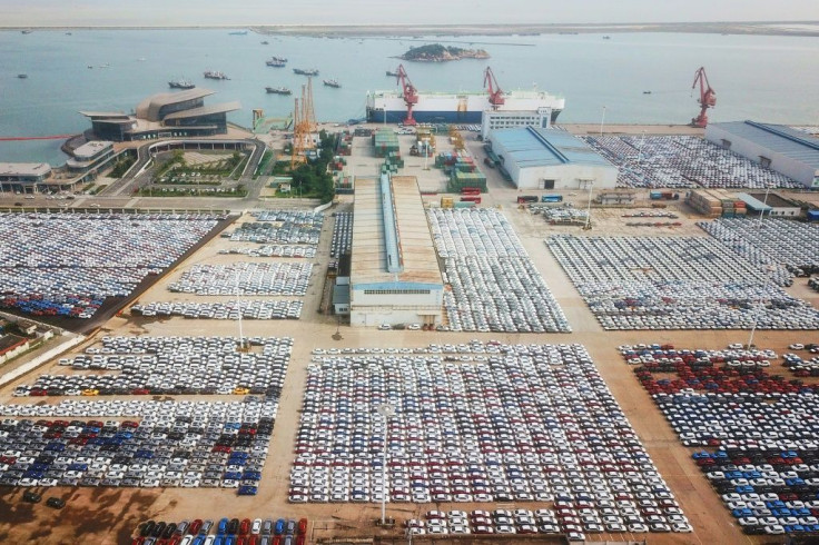 A port in China's eastern Jiangsu province is surrounded by cars