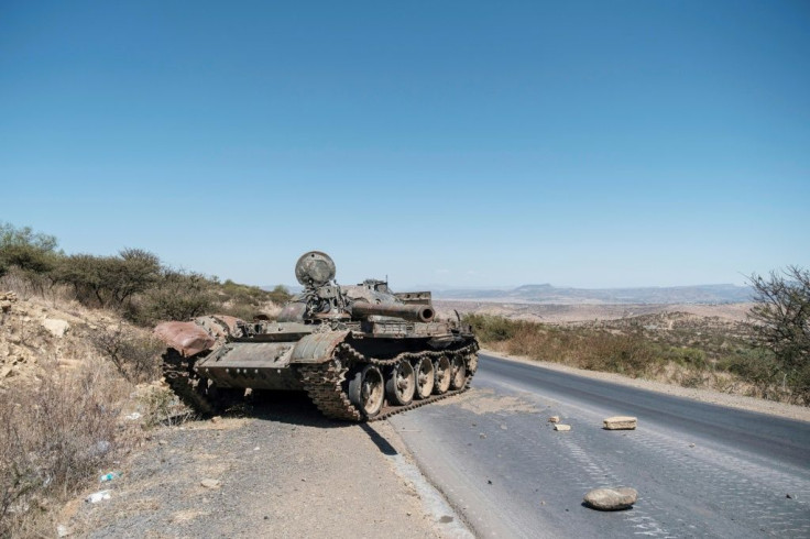 A damaged tank pictured on a road north of Mekele, the capital of Tigray, in February