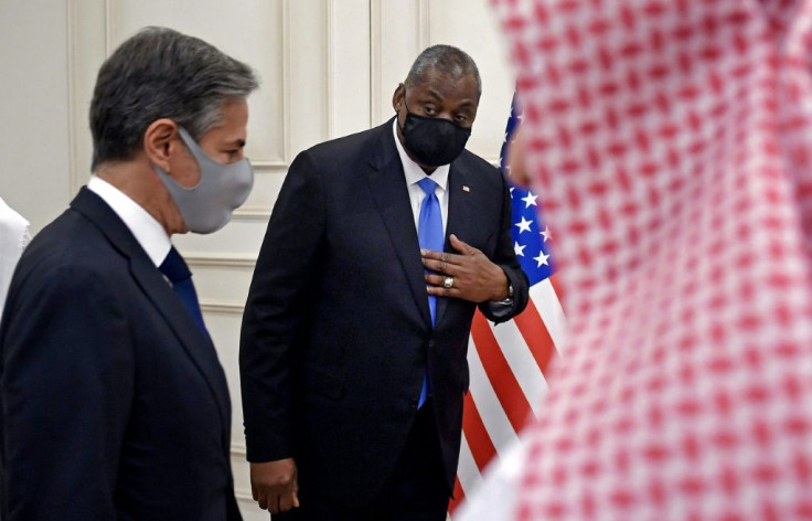 US Secretary of State Antony Blinken, left, and Secretary of Defense Lloyd Austin arrive for a joint press conference in Doha