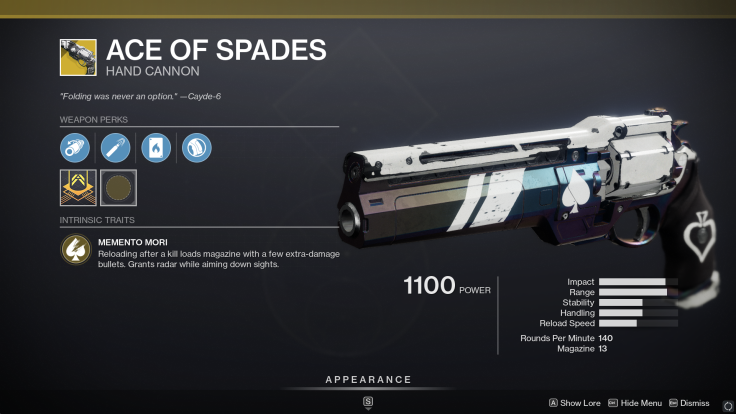The Ace of Spades exotic handcannon in Destiny 2