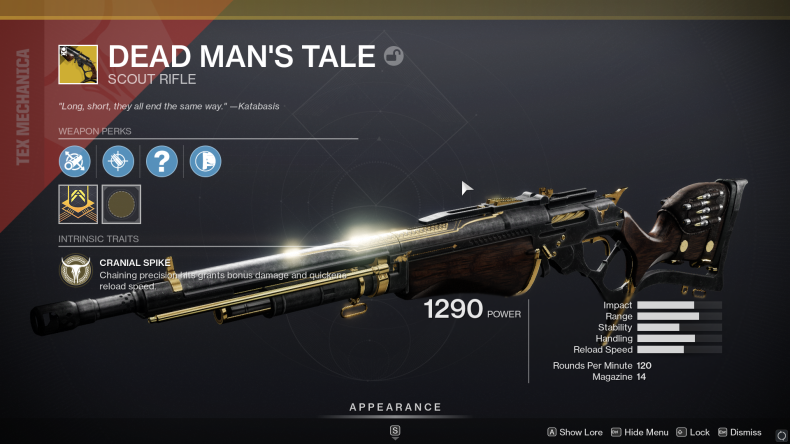 The Dead Man's Tale exotic scout rifle in Destiny 2