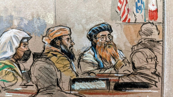 This courtroom sketch screened by US military officials shows accused September 11, 2001 attacks mastermind Khalid Sheikh Mohammed (R) along with co-defendants Ramzi bin al-Shibh (L) and Walid bin Attash (C) in a pretrial hearing