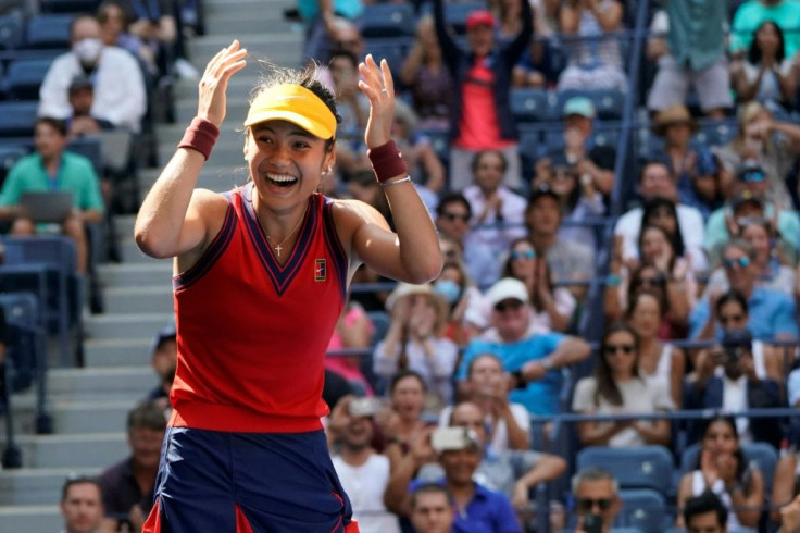 Britain's Emma Raducanu celebrates her victory Wednesday over Swiss 11th seed Belinda Bencic