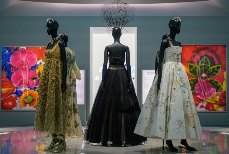 Dresses by French fashion designer Christian Dior on display at the "Designer of Dreams" exhibition at the Brooklyn Museum in New York, on September 7, 2021
