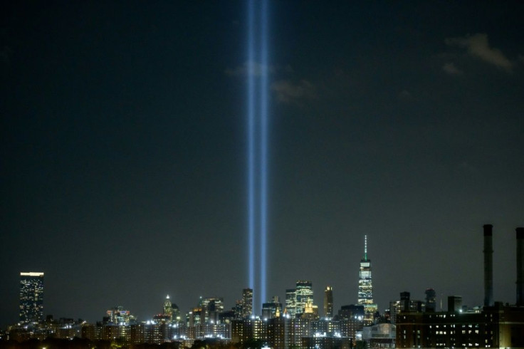 The 'Tribute in Light' public art installation commemorates the 9/11 2001 terrorist attacks that destroyed the Twin Towers