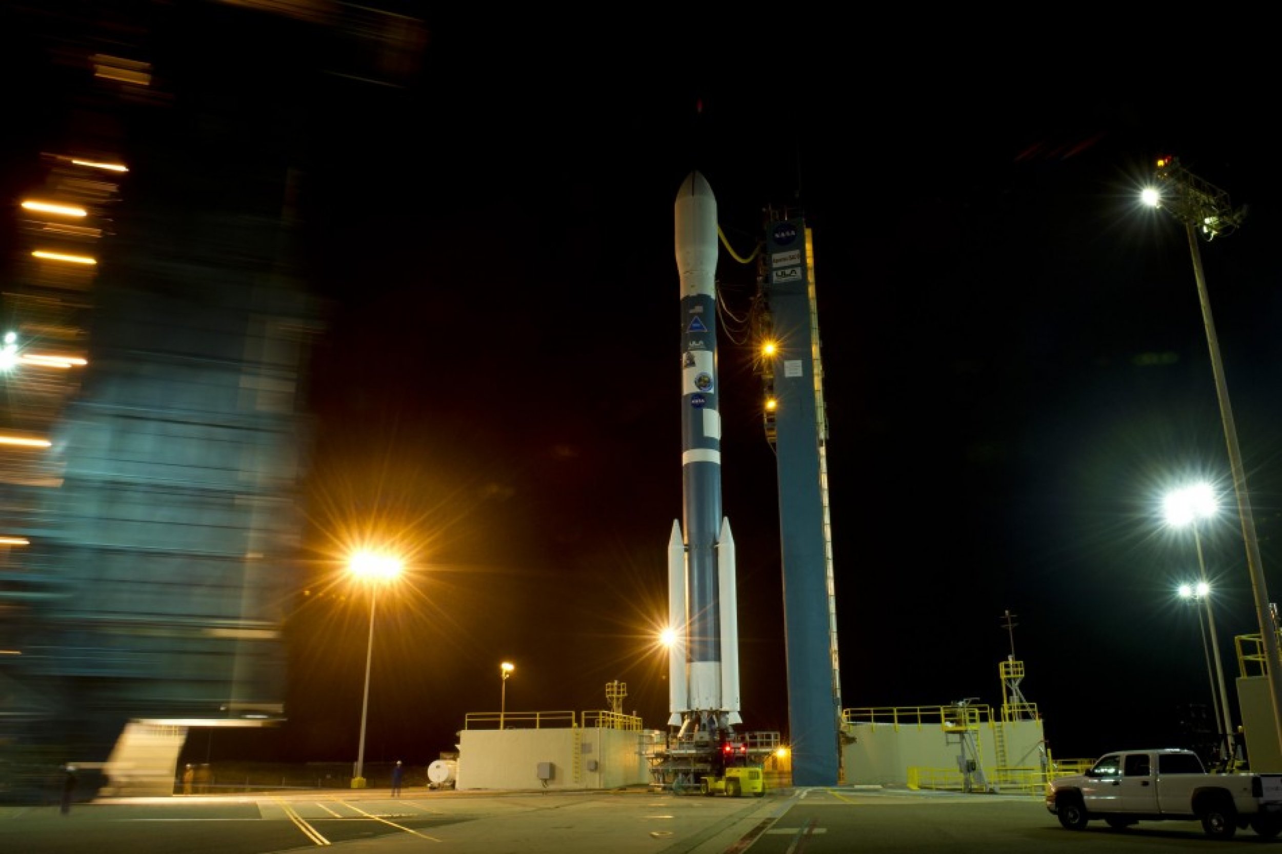 The United Launch Alliance Delta II rocket with the AquariusSAC-D spacecraft payload stands on the launch pad after the service structure was rolled back at Vandenberg Air Force Base in California.