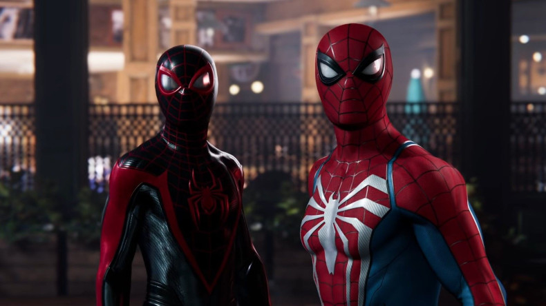 Miles and Peter in their Spider-suits during the Spider-Man 2 reveal trailer