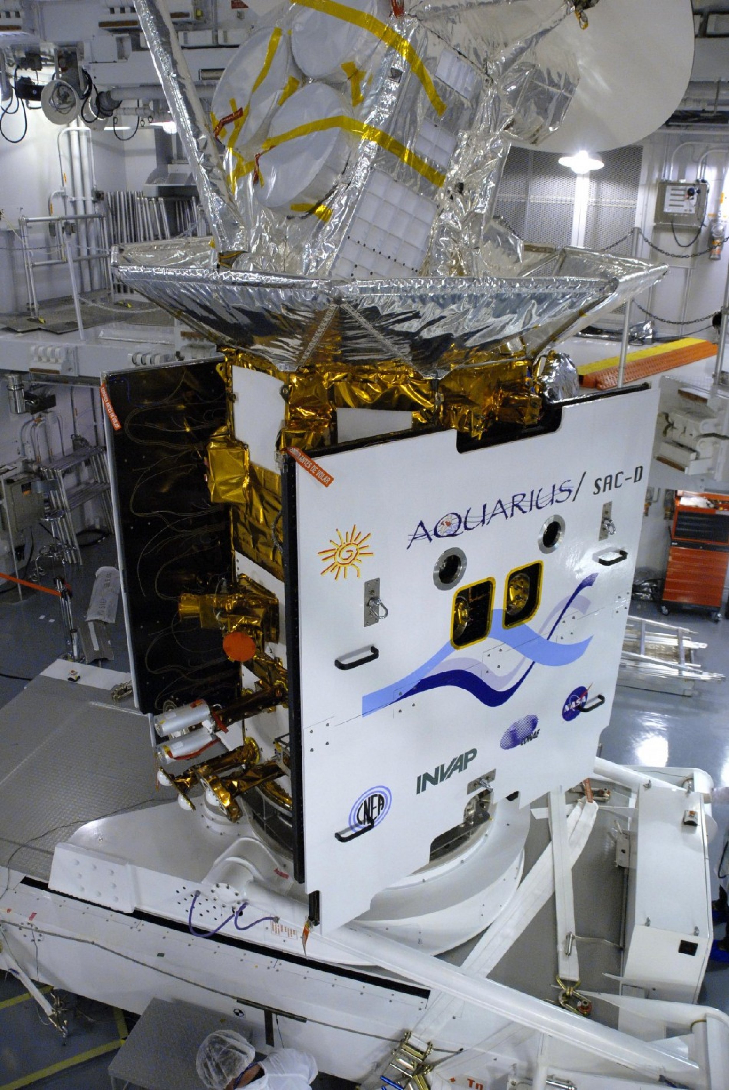 NASA039s AquariusSAC-D spacecraft is rotated for the final time into a vertical position prior to its installation into a transportation canister.