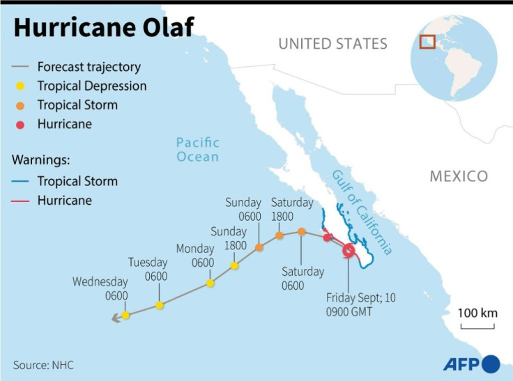 Map showing the forecast trajectory of Hurricane Olaf near Mexico's Baja California peninsula.