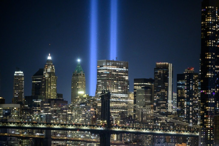 The New York skyline with the 'Tribute in Light' installation commemorating the 9/11 attacks on their 20th anniversary