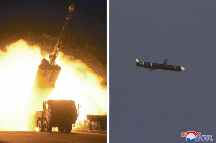 This undated combo picture released from North Korea's official Korean Central News Agency shows the test firing of a reported new type of long-range cruise missile