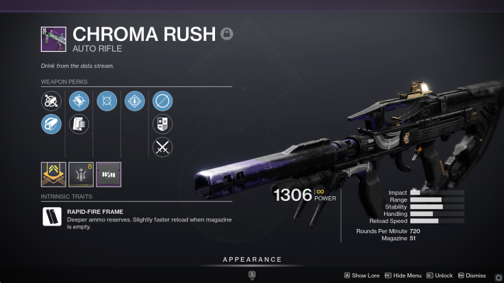 Chroma Rush is a legendary auto rifle in Destiny 2 that sports a high magazine capacity and fast fire rate