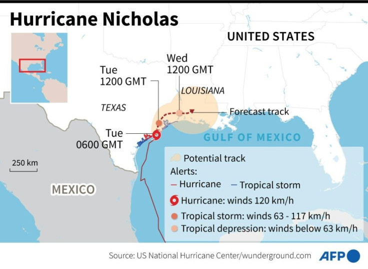 Location and predicted path of Hurricane Nicholas in the Gulf of Mexico.
