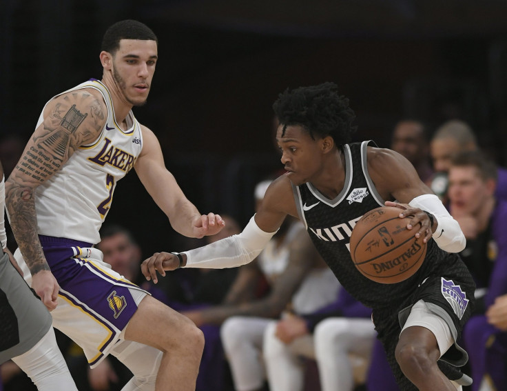  Lonzo Ball #2 of the Los Angeles Lakers guards De'Aaron Fox #5 of the Sacramento Kings