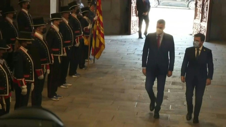 IMAGES Spanish Prime Minister Pedro Sanchez meets with Catalan President Pere AragonÃ¨s to restart negotiations between the state and the region. In October 2017, the Catalan regional government staged a referendum banned by Madrid then issued a short-liv