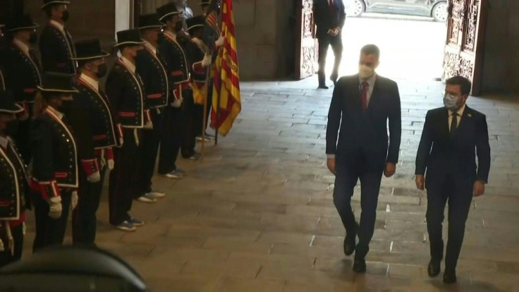 IMAGES Spanish Prime Minister Pedro Sanchez meets with Catalan President Pere AragonÃ¨s to restart negotiations between the state and the region. In October 2017, the Catalan regional government staged a referendum banned by Madrid then issued a short-liv