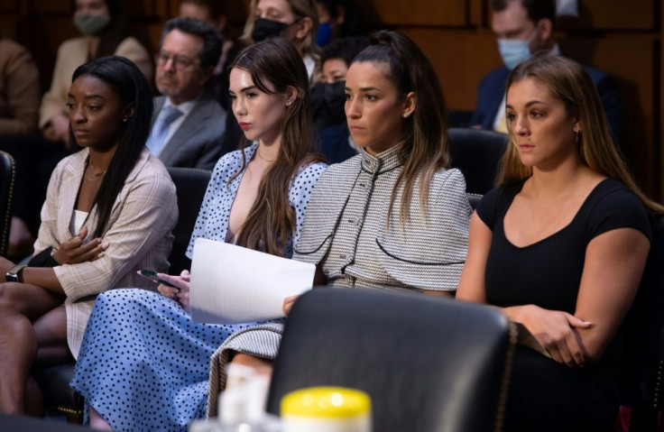 US gymnasts (L-R) Simone Biles, McKayla Maroney, Aly Raisman and Maggie Nichols at a hearing of the Senate Judiciary hearing about the FBI's handling of sexual abuse by former team doctor Larry Nassar