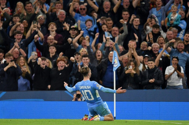 Jack Grealish celebrates scoring his first Champions League goal for Manchester City