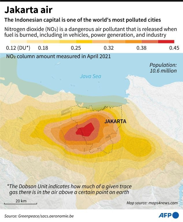 Map of Jakarta region in Indonesia, showing nitrogen dioxide air pollution levels recorded in April.