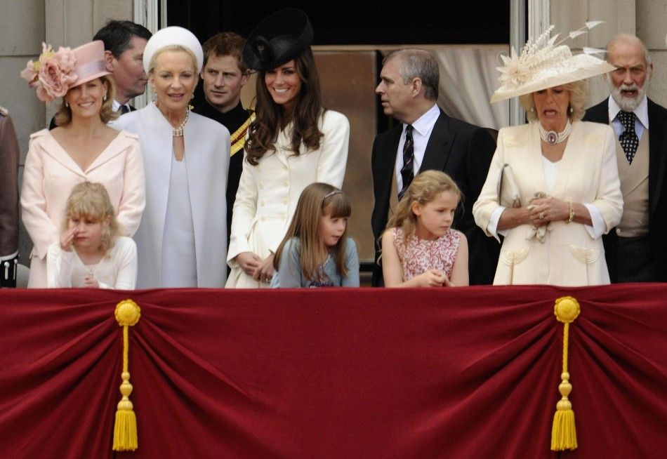 Britain039s Camilla, Duchess of Cornwall 2nd R reacts as she stands on the balcony of Buckingham Palace with other members of the royal family after attending the Trooping the Colour ceremony in central London June 11, 2011. Trooping the Colour is a 