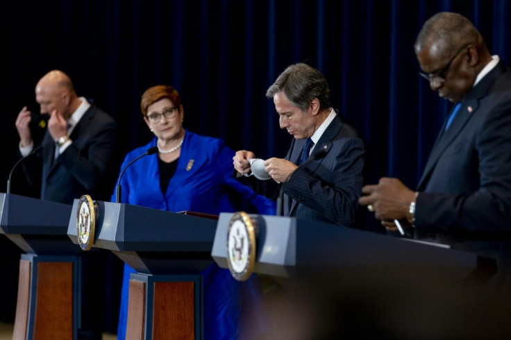 Australian Defense Minister Peter Dutton, Australian Foreign Minister Marise Payne, US Secretary of State Antony Blinken and US Defense Secretary Lloyd Austin hold a news conference at the State Department