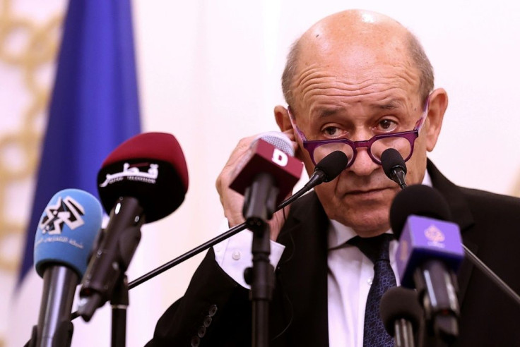 French Foreign Minister Jean-Yves Le Drian, who has voiced anger over Australia's scrapping of a submarine deal, speaks in Doha on September 13, 2021