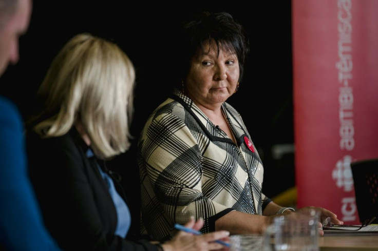 Lise Kistabish gives a look to her rival, Bloc Quebecois candidate Sylvie Berube during the official debate in Val dâOr, Quebec, Canada on September 9, 2021