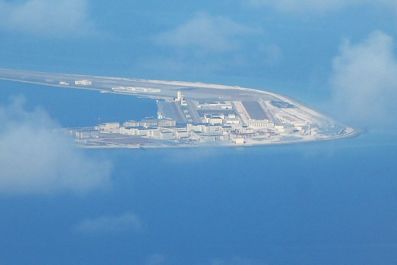 An aerial shot of Chinese development on the disputed Subi reef in the Spratlys